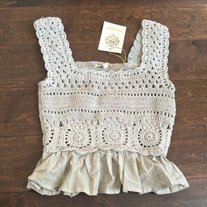 Rebellion Again Crochet crop top ruffle  Boho Sz S Sage Smocking New ST3225